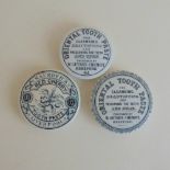 Three Staffordshire Monochrome pot lids, Red Cherry and Oriental Toothpaste, Saunders Liverpool, W.