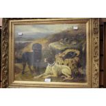 Oil painting of dogs with wildfowl/game birds, indistinctly signed lower-right. Framed & glazed.