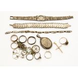 A collection of silver and white metal and gold jewellery, to include a silver locket,