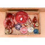 A box of Cranberry glass and paperweights, including Langham, Wedgwood, Caithness,
