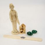 A signed ivory Okimono of man with child, with a signed ivory Geisha girl (minor damage,