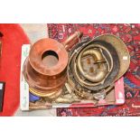 A box of assorted brassware, comprising taper sticks, jam pan, bucket, trays, horns, bell,