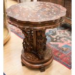 A Chinese hardwood inlaid occasional table, the top inlaid with floral marquetry and bone inlay,