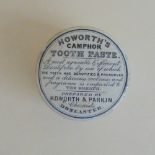 A Staffordshire Monochrome round pot lid and base, Howarths Camphor Toothpaste,