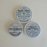 Three Staffordshire Monochrome pot lids, Cherry, Hindoo and Areca Nut Toothpaste, Thomas W.