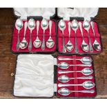 Three boxed sets, of six silver teaspoons,