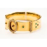 An 18k yellow gold 'belt' hinged bracelet set seed pearls, turquoise ruby and sapphire,