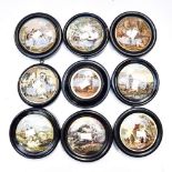 Nine framed pot lids to include: Bear, Lion and Cock', 'Peace', 'Tam o 'Shanter',