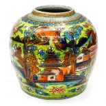 An Oriental ginger jar decorated in green background with five claw dragon and foliage,