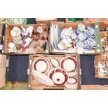 Three boxes of ceramics and glass including Crown Ducal dinner service, blue and white,
