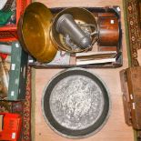 A box of metalware including bowls,