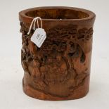Chinese carved bamboo brush pot, reticulated with a garden scene with figures and pagoda,