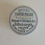 A Staffordshire Monochrome round pot lid and base, Areca Nut Toothpaste, Inmans Stores Ltd,