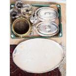 Collection of silver plated items including, two entree dishes, large tray, vases, sugar sifter,