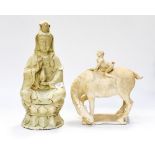 A glazed celadon figure of a goddess holding a vase, with a matt finish Fung style horse,