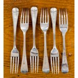 Six silver desert forks, mixed date years, London 1799 and 1805, George III,