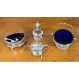 Silver pepperette, Birmingham hallmark, silver condiment dish, blue liner, London 1901/2 with spoon,