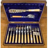 A cased set o six pairs of fish eaters and servers, with bone handles and silver ferrules,