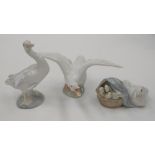 Three Lladro figures of geese to include gosling's,