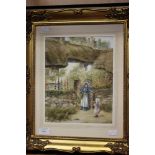 A watercolour scene depicting a mother and child in the gateway of a cottage garden,