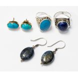 A pair of Lapis Lazuli style polished earrings, oval stones with silver wires,
