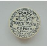 A Staffordshire monochrome pot lid and base, 'American White Areca Nut' toothpaste, by G.P. Pond.