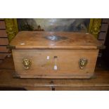 A small pine chest with brass lions head to front and brass carrying handles