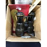 Army and Navy binoculars, Ronson lighter, plated thimble in egg case, button polisher,