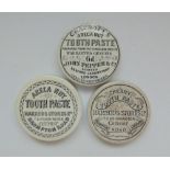 Three Staffordshire monochrome pot lids, 'Areca Nut' & Cherry' toothpaste, by Harrods Stores Ltd,