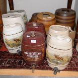 Large collection of drinks barrels in various sizes and forms, including stoneware ones,