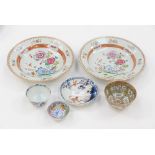 Pair of Famille Rose soup plates, cat and bird tea bowl and saucer,