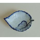 A Liverpool blue and white, leaf shaped pickle dish, circa 1765, approx size 10.5cms x 7.