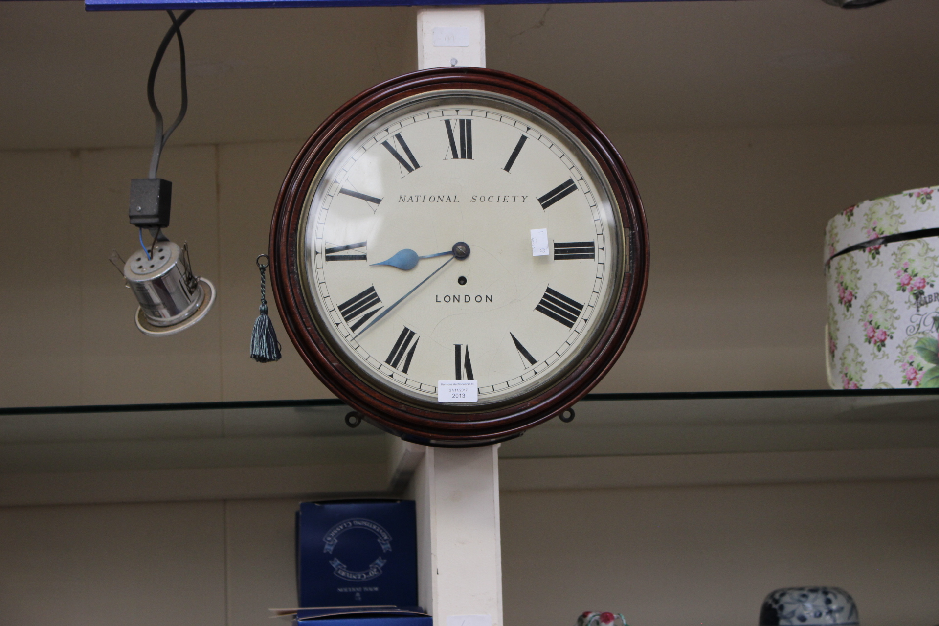 A mahogany cased single fusee wall clock with pendulum, with Arabic numerals to dial,