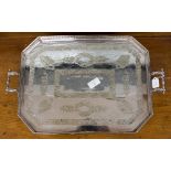 A large silver plated embossed gallery tray on four paw feet (1)