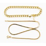 A nine carat gold flat polished link bracelet and a nine carat gold box link necklace,