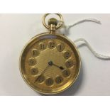 An 18ct gold Chester ladies pocket watch with Arabic numerals on gold dial,