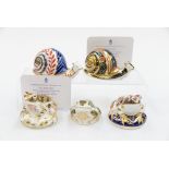 Two Royal Crown Derby Snails, Garden Snail, limited edition 666/4500, Snail with three Frogs,