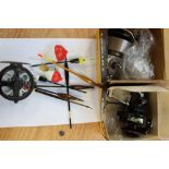 A Noris Shakespeare sport fishing rod, two Daiwa spinning reels, floats and a vintage reel,