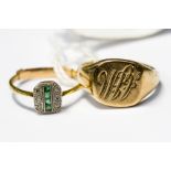 An Art Deco emerald and diamond ring set in 18ct gold and platinum,