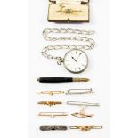 A collection of bar brooches, including a 9ct gold and red stone brooch,