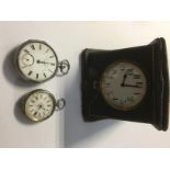 A silver pocket watch fob watch and a leather cased travel watch