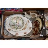 A box containing Victorian and later meat plates, Royal Albert and Wedgwood plates,