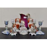 A 19th Century jug dated 1863; together with a pair of Staffordshire dogs, a Dresden figurine,