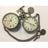 Two silver cased pocket watches together with silver Albert chain and key and drilled coins,