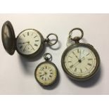 Three pocket watches, comprising a ladies silver half hunter with enamelled dial with gilt detail,