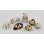 A group of eight Royal Crown Derby paperweight Mice, etc: Country Mouse, Harvest Mouse, two Dormice,