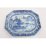 Blue and white canted rectangular meat dish,