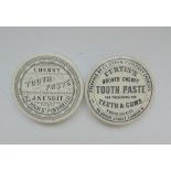 Two Staffordshire monochrome pot lids, Cherry tooth paste, J.