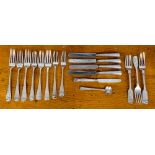 Four filled handle knives, eleven various silver forks, approx 14.00ozt/435.