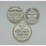 Three Staffordshire monochrome pot lids, Areca Nut Toothpaste',